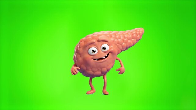 A happy 3D cartoon human pancreas mascot character dancing with joy on a bright chroma key green screen background. Designed for seamless keying into health commercials, medical education videos, biol