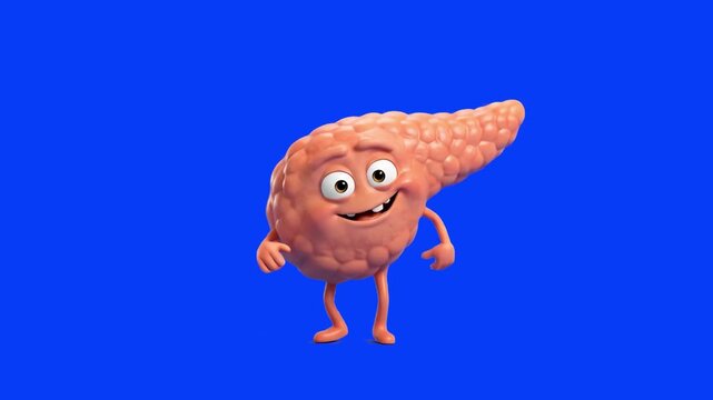 A cheerful 3D cartoon pancreas character with expressive eyes and small limbs happily dances against a light blue background. Ideal for medical education, healthcare awareness campaigns, and biologica