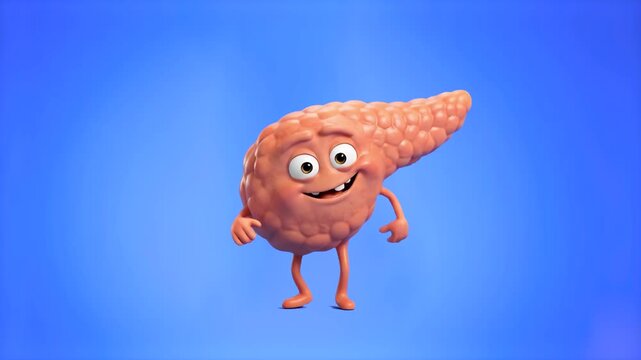 A friendly 3D cartoon pancreas character with big eyes and a wide smile dancing cheerfully on a solid light blue studio backdrop. Great for medical educational videos, diabetes awareness promos, healt
