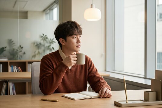 Generative AI, Asian man having coffee and looking out the window at his desk