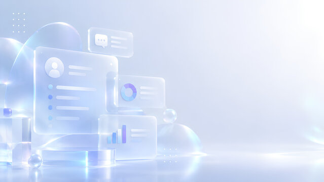SaaS・AI向け フロストアクリル3Dと透明UIの未来的背景素材（Webサイト・ヒーローイメージ）