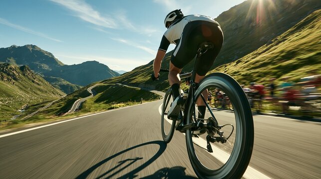 太陽フレアが輝く山岳峠で観客に見送られ急勾配を下る黒白ジャージのロードサイクリスト