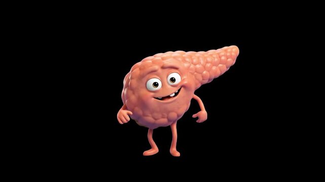 A cheerful 3D human pancreas organ mascot character with a friendly smiling face dancing joyfully isolated against a sleek black background. Suitable for medical educational videos, diabetes awareness