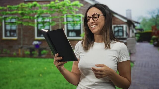 Woman reads a black book, smiling and gesturing with hand to mouth in front of building; joy storytelling.