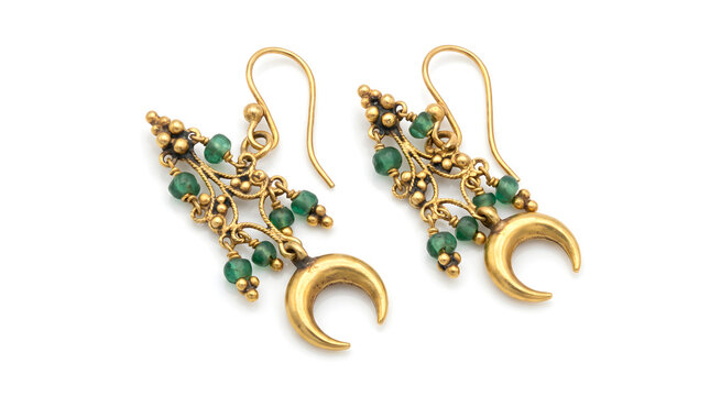 Elegant crescent moon dangle earrings adorned with green beads, showcasing intricate craftsmanship