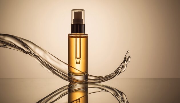 An elegant studio shot features a luxury golden serum bottle with a clear liquid inside, dynamically framed by a clear water splash, studio shot, elegant cosmetic product