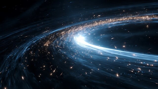 Cinematic 3D rendering of a black hole accretion disk with brilliant blue energy streams, swirling cosmic dust, and glowing star particles pulling into the event horizon in deep space.
