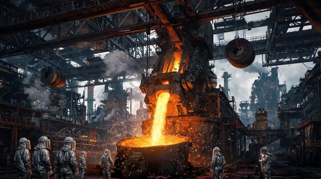 Heavy Steel Manufacturing Plant With Molten Metal And Industrial Furnaces