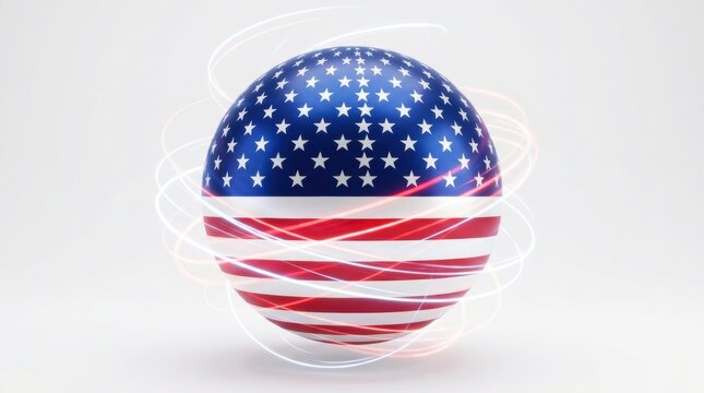 US Flag Pattern Globe Orb with Red White Blue Abstract Motion Rings Background