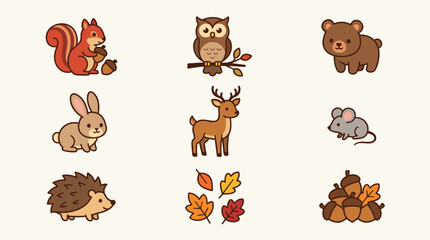 Cute Flat Vector Icons of Forest Animals and Autumn Elements, Set of 9 Illustrations: Squirrel, Owl, Bear, Rabbit, Deer, Mouse, Hedgehog, Leaves, Acorns, Graphic Resource © chozin