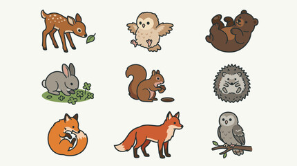 Cute Forest Animals Vector Icon Set: Deer, Owl, Bear, Rabbit, Squirrel, Hedgehog, Fox, Flat Design Illustrations for Graphic Resources © chozin