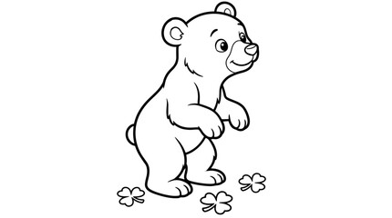 Friendly Bear Cub Coloring Page Vector Illustration, Standing on Hind Legs with Clover Leaves, Simple Line Art for Kids © chozin