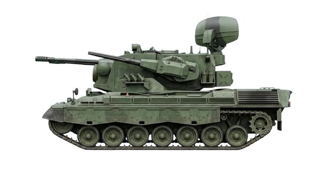 A German Flakpanzer Gepard self-propelled anti-aircraft tank featuring twin autocannons and tracking radar dish isolated on a clean white background. Ideal for military documentary graphics, defense t