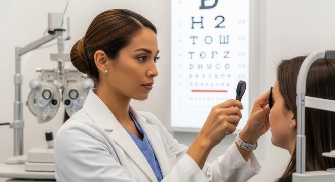 Optometrist conducts eye exam using phoropter and eye chart, checking patient's vision in a modern clinic.