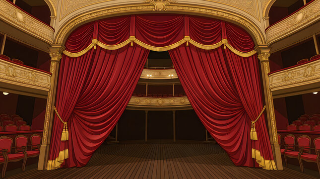 Elegant red velvet theater stage curtain backdrop