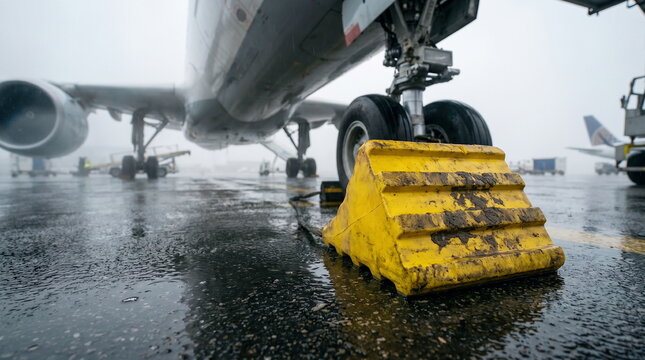 Yellow wheel chock under airplane landing gear on rainy tarmac, aviation ground safety concept