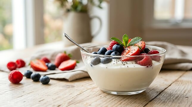 Fresh fruit yogurt bowl with berries and mint garnish on wooden table