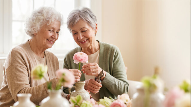 Senior women smiling while arranging pink flowers together at home table, friendship and wellness concept