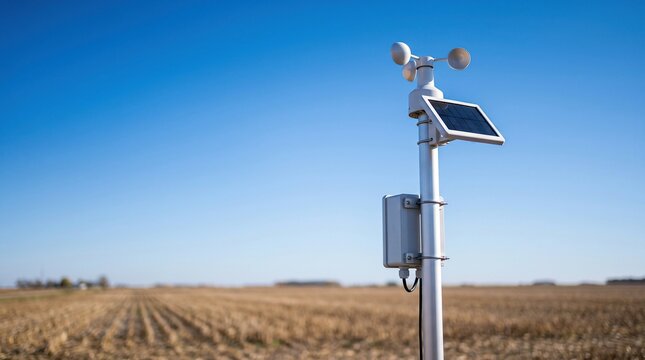 Solar powered weather station with anemometer in harvested farm field, agricultural technology concept