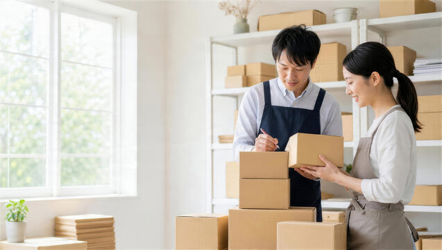 販売促進前に在庫の箱を数える二人のECスタッフ