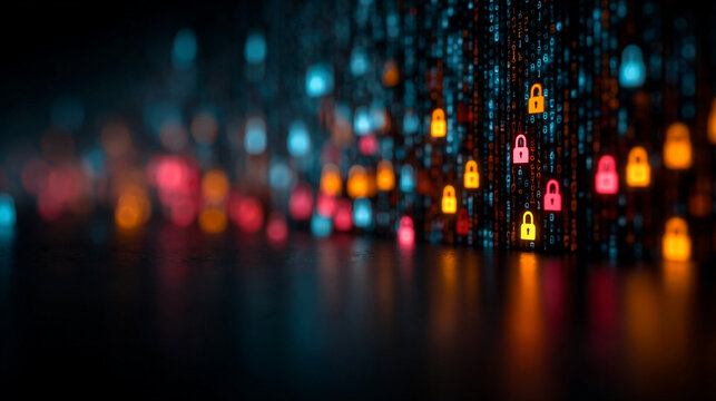 Cybersecurity data protection concept. Digital locks on binary code background.