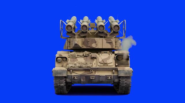 A 3D model of a camouflage armored missile launcher vehicle with active exhaust smoke on a blue screen. Designed for news broadcasts, military documentaries, VFX compositing, and chroma key projects.