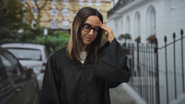 Woman judge in black robe with hand to temple on street, eyes closed in a pensive gesture; stress duty.