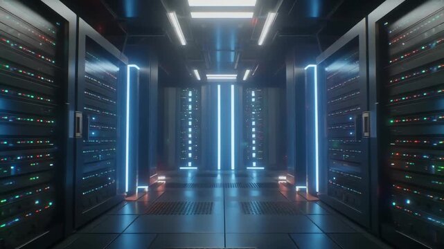 Futuristic database server room corridor with glowing blue neon lights and sci-fi technology racks