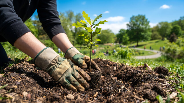 Person wearing gardening gloves planting a small tree sapling into rich dark soil during a bright sunny day