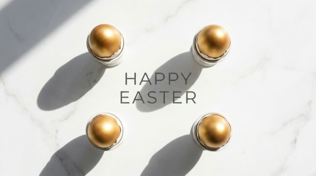 Golden Iridescent Eggs on White Marble Table with Text Happy Easter