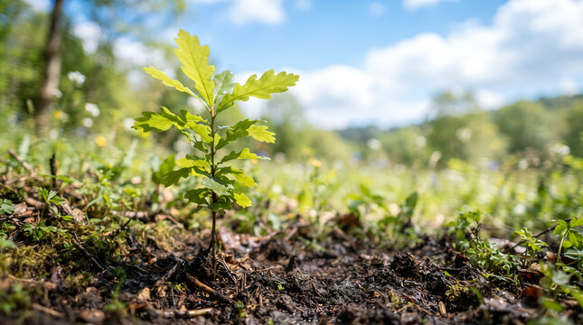 Small green oak seedling growing in rich dark soil with bright natural sunlight in a lush forest landscape