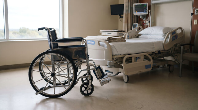 Empty hospital room featuring a wheelchair and adjustable bed with soft natural window light and medical equipment