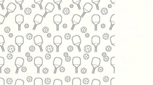 Seamless pattern with pickleball paddles and balls line art
