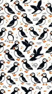 Puffin bird seamless pattern with orange accents on white background