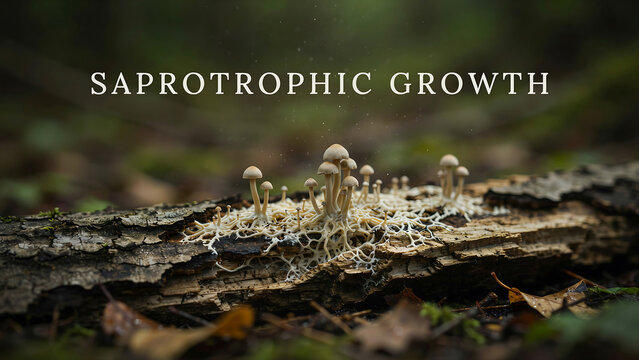 Clustered mushrooms exhibiting saprotrophic growth on decaying wood in forest setting