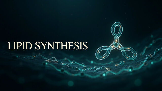 Scientific depiction of lipid synthesis molecular structure with glowing chemical bonds