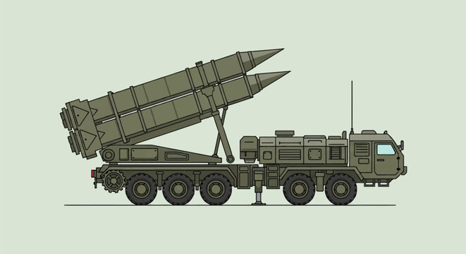 Tactical military mobile ballistic missile system on heavy five-axle truck, featuring two elevated rockets, side profile vector illustration in flat style on plain background.