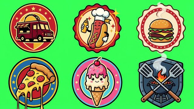 Animated Cartoon Food Logos and Stickers on Green Screen