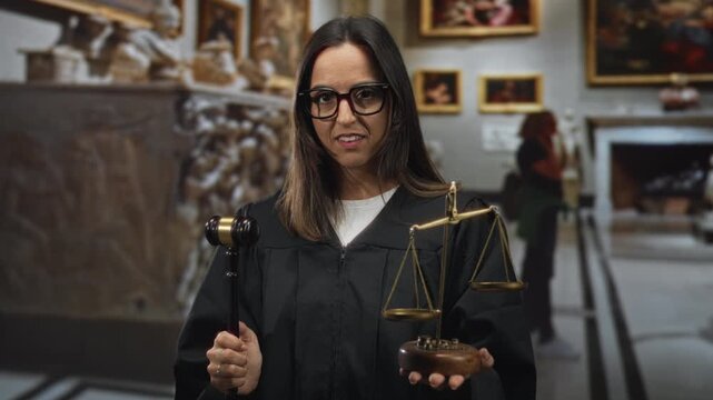 Woman judge in black robe holds gavel and brass scales, palm visible, standing inside a museum building with paintings and sculptures; authority justice.
