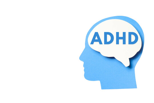 A blue head silhouette shows the ADHD label inside a brain