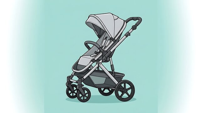 Modern grey baby stroller illustration on a teal background