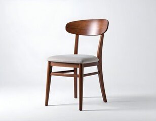 Fototapeta premium Mid-century Modern Wooden Dining Chair with Grey Upholstered Seat on White Background