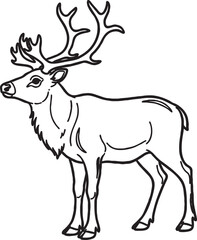 Fototapeta premium Majestic reindeer with impressive large antlers standing in profile, a noble wild animal from the northern forests, elegant black and white outline illustration often associated