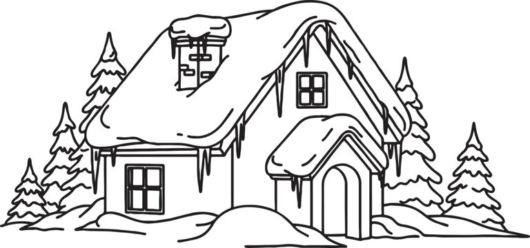 Charming snow-covered house with intricate icicles adorning the roof, nestled amongst frosty evergreen trees in a serene winter wonderland scene, detailed outline illustration for holiday