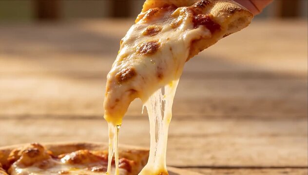Melted cheese pizza slice wooden table with hand holding hot slice, appetizing food scene, pizza cheese slice melted food crust stretch hot tasty savory, close up warm light comfort food texture