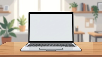 Fototapeta premium Laptop with blank white screen on a wooden desk in a home office