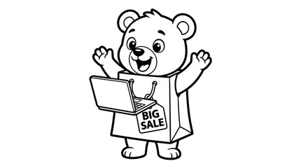 Cute Bear Cub Character Holding Laptop with Big Sale Tag Emerging from Shopping Bag, Black and White Line Art Vector Illustration for Coloring Pages and Promotions © titin