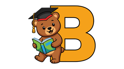 Cute Bear Cub Wearing Graduation Cap Reading Book Next to Large Orange Letter B, Flat Vector Illustration © titin