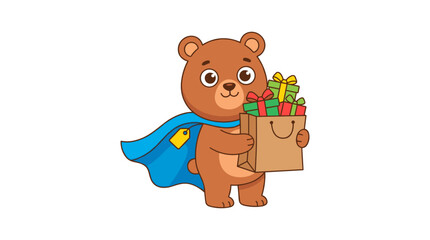 Cute Cartoon Bear Cub Superhero Holding Gift Bag with Presents, Flat Design Vector Illustration, White Background © titin