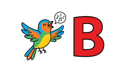 Fototapeta premium Cute Cartoon Bird Singing Musical Notes Next to Large Red Letter B, Flat Vector Illustration for Education and Children's Content